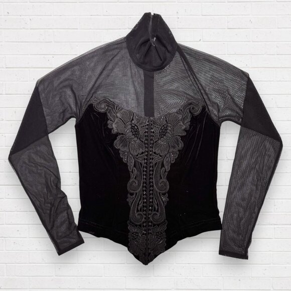 CACHE Vintage Y2K Feminine Black Sheer Mesh Velvet Lace Mock Neck Top Blouse S - Picture 3 of 13